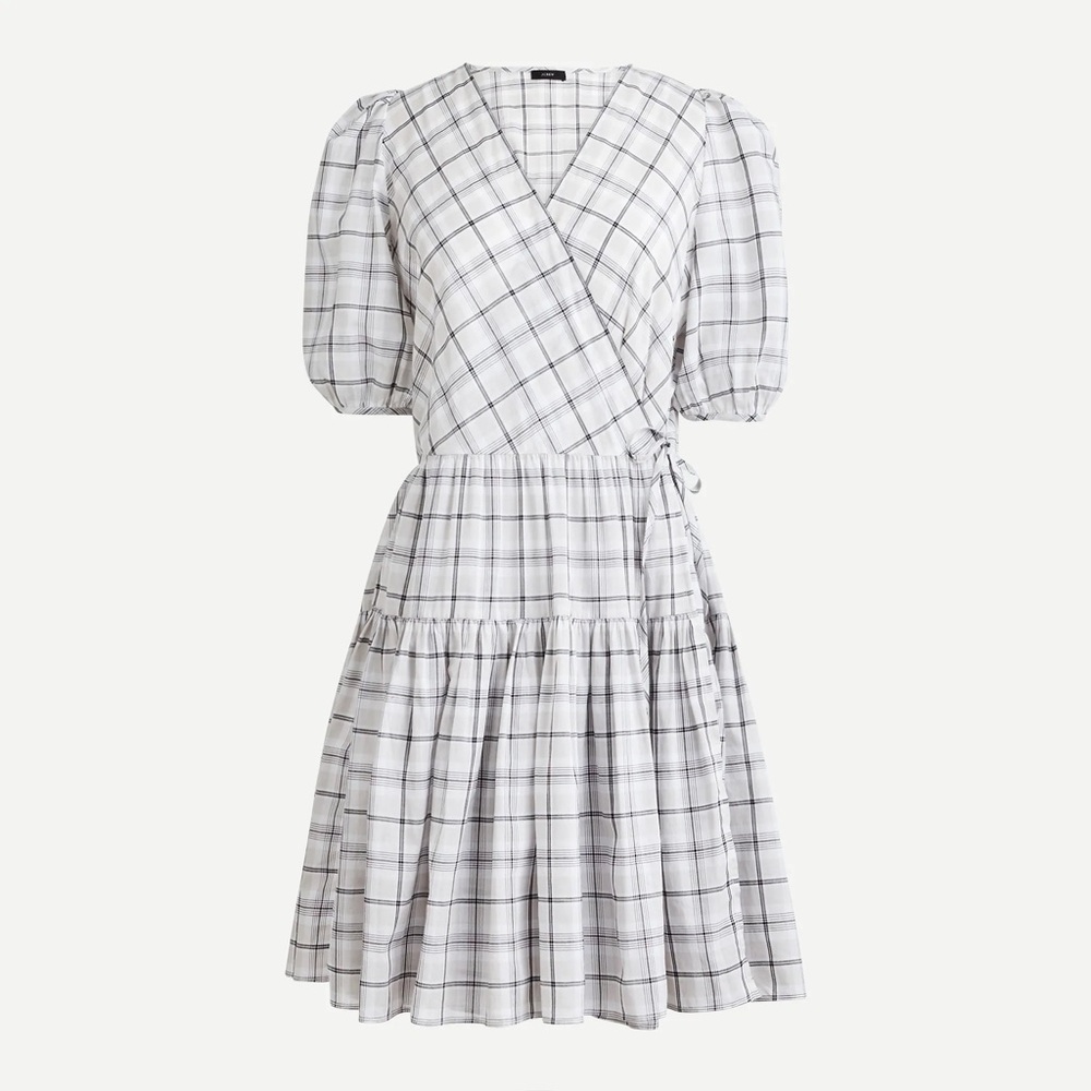 J crew petite Puff-sleeve cotton voile wrap dress in oyster plaid tiered skirt